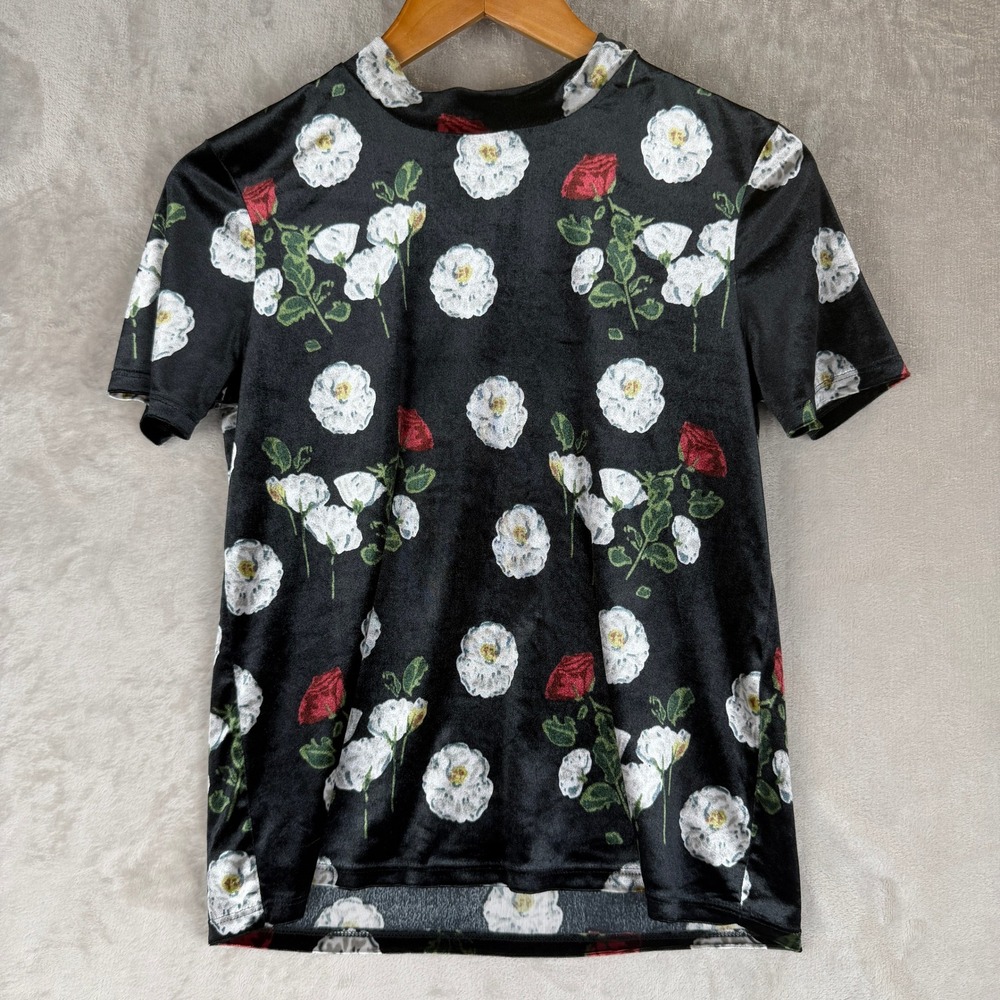 Zara Trafaluc Black Velvet Floral Rose Mock Neck Short Sleeve Top Small